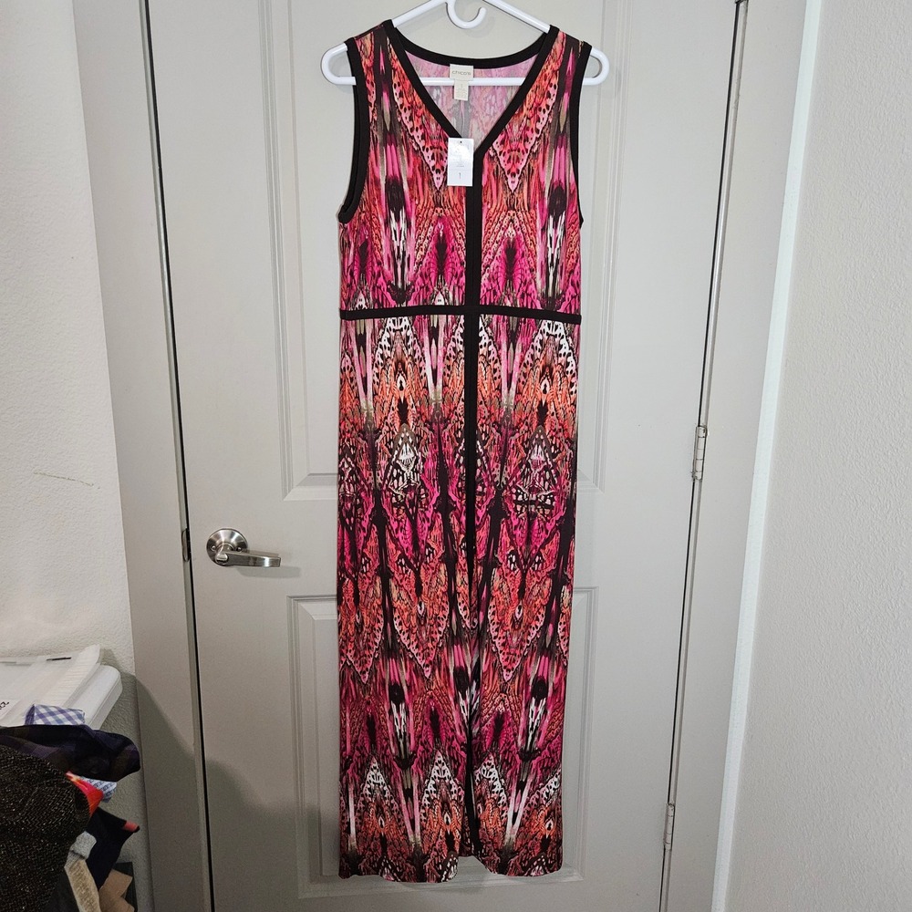 Chico's Art Nouveau Butterfly Print Maxi Dress Pink Orange Sleeveless Size 1 NEW
